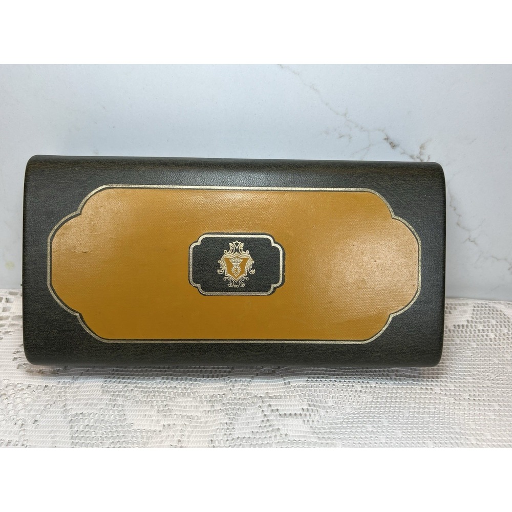 Vintage Dante Men's Valet Jewelry Box Faux Leather Gold Crest Mid-Century